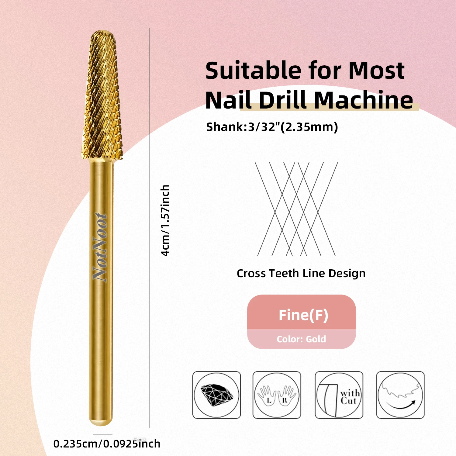 NotNoot 1개 네일 드릴 비트, 3/32'' 카바이드 다기능, 매니큐어 페디큐어 큐티클 젤 연마에 적합, 골드