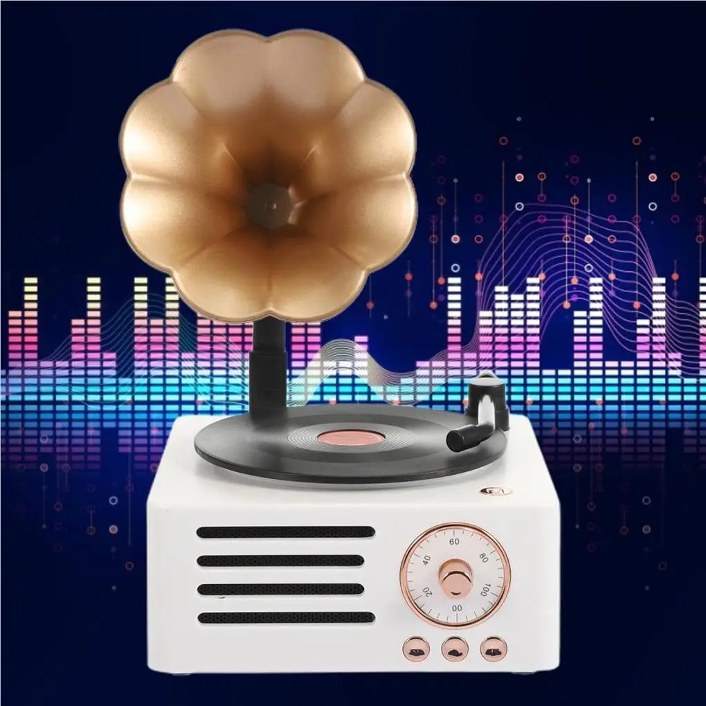 레트로 미니 축음기 스피커, 무선 레코드 MP3 스테레오 음악 플레이어, 트럼펫 모양 서브 우퍼 라디오, 홈 오피스 화이트