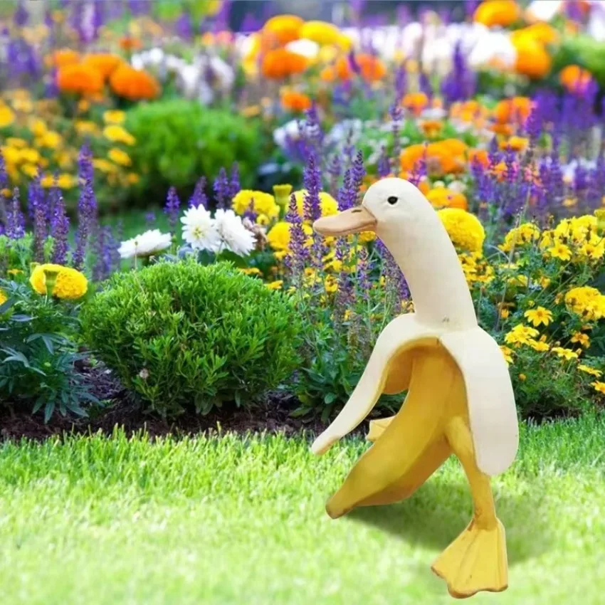 Banana Duck Art Statue Whimsical Peeled Banana Duck Decoration Creative Craft Artwork for Garden Yard Lawn Resin Garden Statues