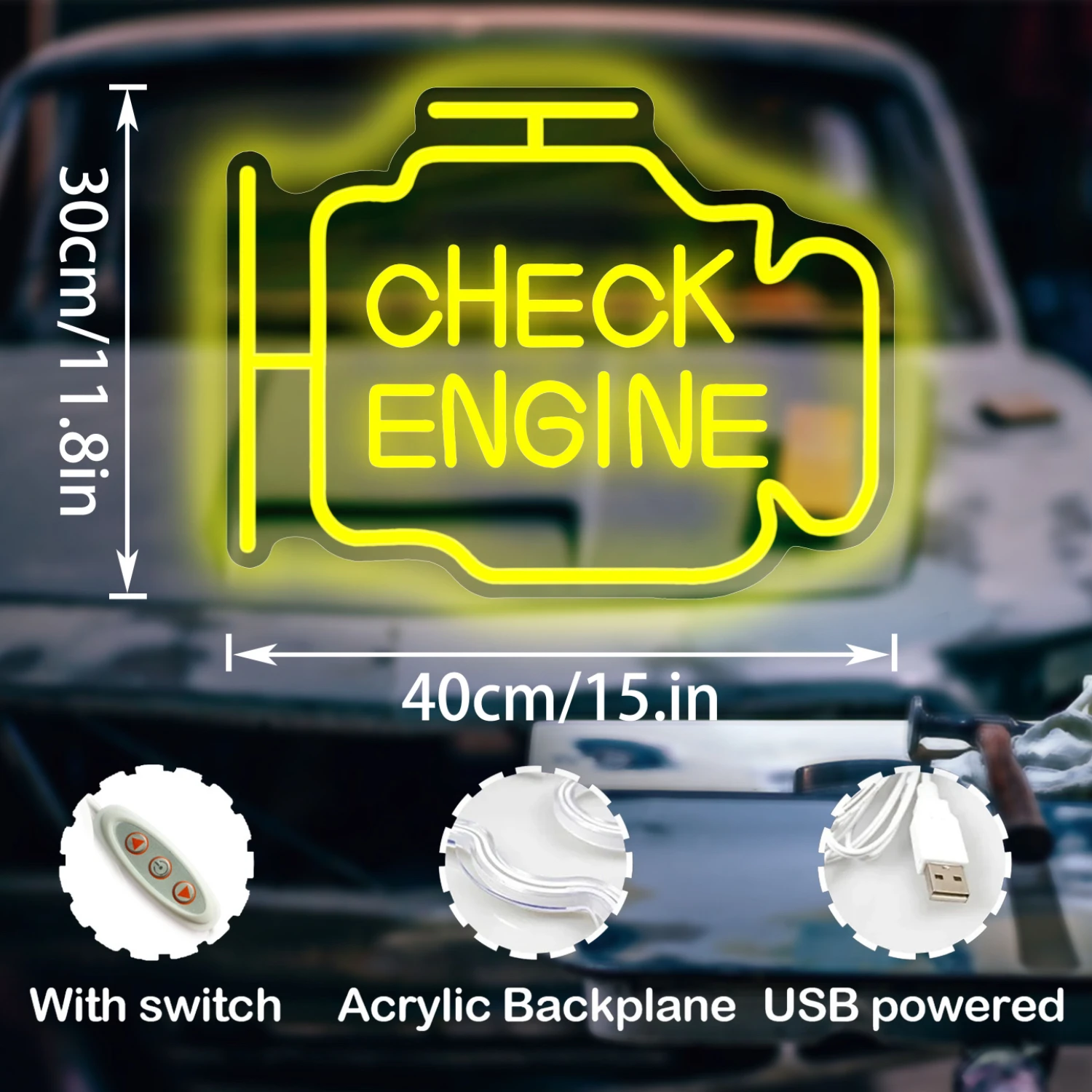Neon Sign Check Engine Neon Signs Wall Decoration LED Neon Garage Signs Garage Lighting Signs For Men's Auto Repair Shop Workshops