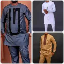 2024 New Dashiki Mens Top Pant 2 Pieces Outfit Red Men Clothing Sets Kaftan And Pant Two-piece Short Suits