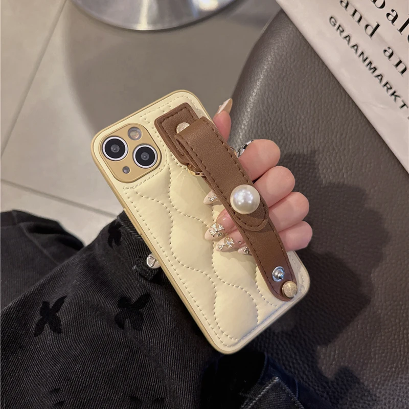Fashion PU Leather Pearl Wrist Strap Stand Case For iPhone