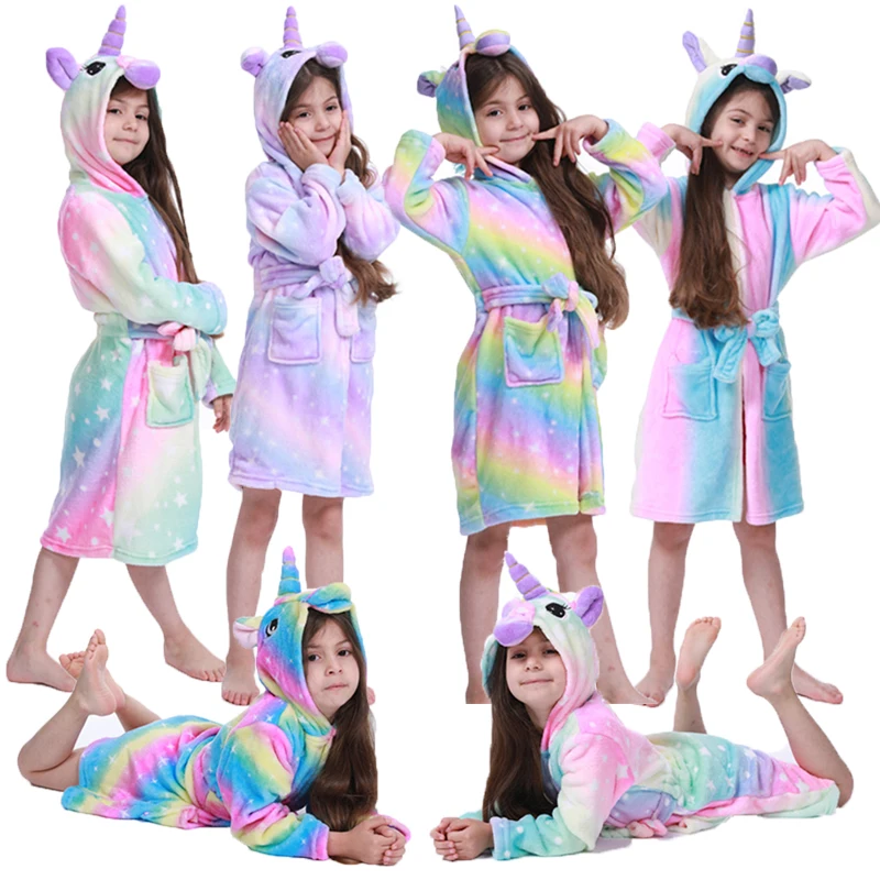 

Girls Unicorn Bathrobe Sleepwear Animal Cartoon Robes Kids Homewear Clothes Autumn Winter Warm Pajamas Flannel Hooded Bath Robes