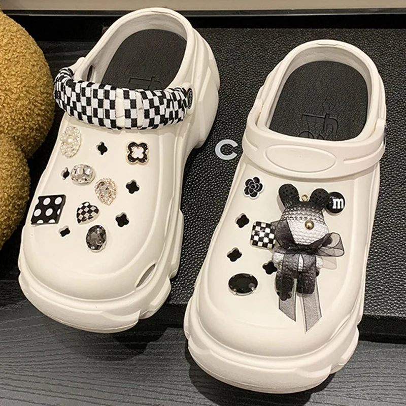 

Black and White Bear Love Pearl 7CM Platfrom Decor Vented Clogs Slides Women Shoes Outdoor Beach Sandals Summer Girls Slippers
