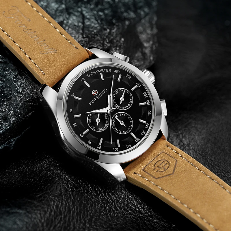 FORSINING Sports Automatic Mechanical Mens Wrist Watch Luminescent Analog Auto Day Date Suede Leather Strap Business Male Clock_voghion.com