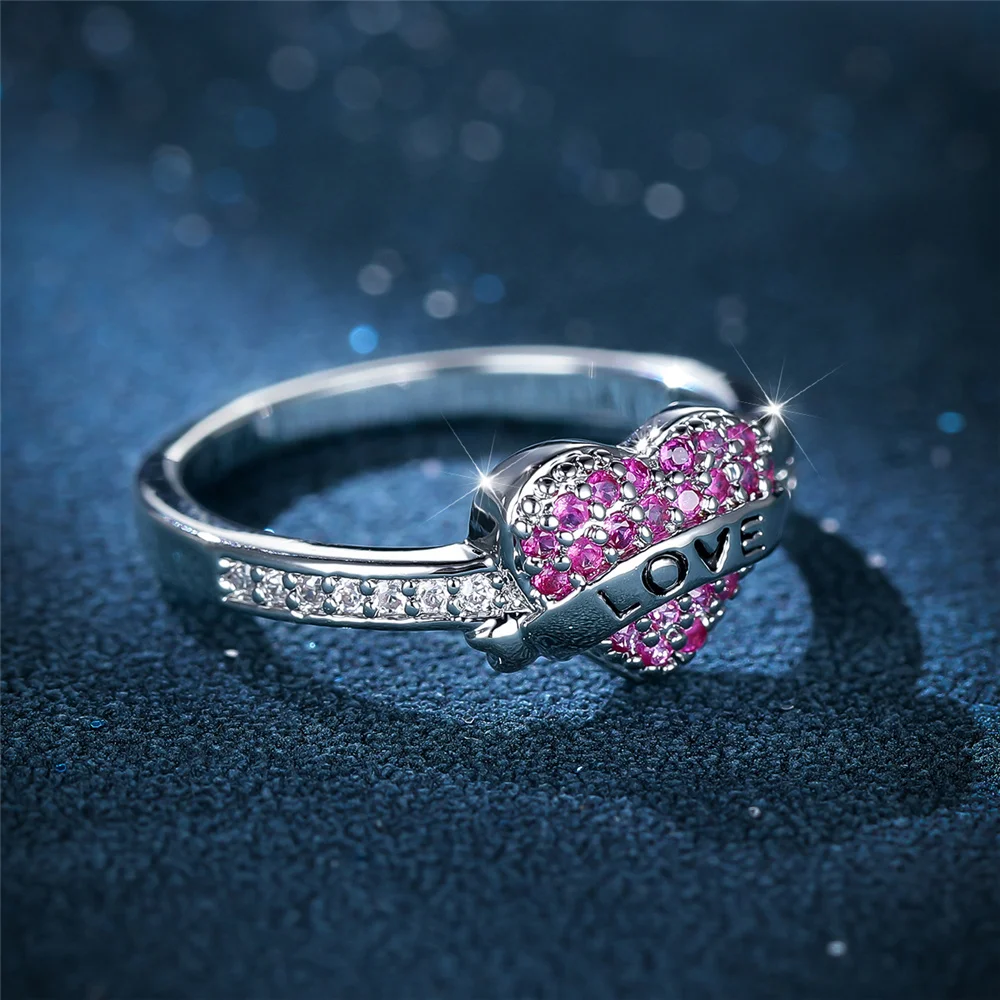 Cute Female Rose Red Stone Heart Engagement Ring Vintage Silver Color Wedding Jewelry For Women