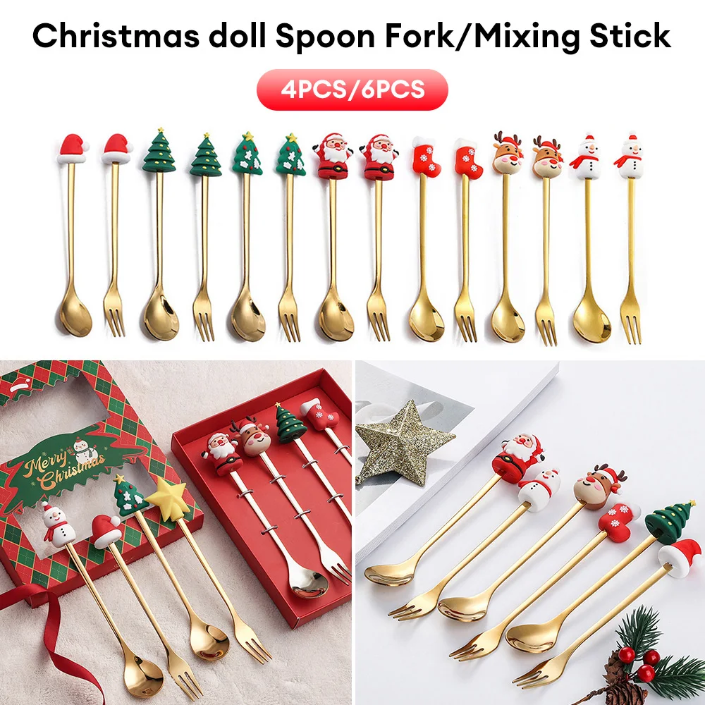 Christmas Gift Gold Spoon Fork Set Elk Christmas Tree Decoration Dessert Scoop Fruit Fork Coffee Spoon Festive Cutlery 6/4 PCS
