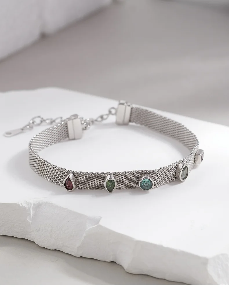 Silver Natural Tourmaline Woven Safety Chain Bracelets,  Minimalistic Geometric Chic Bracelet