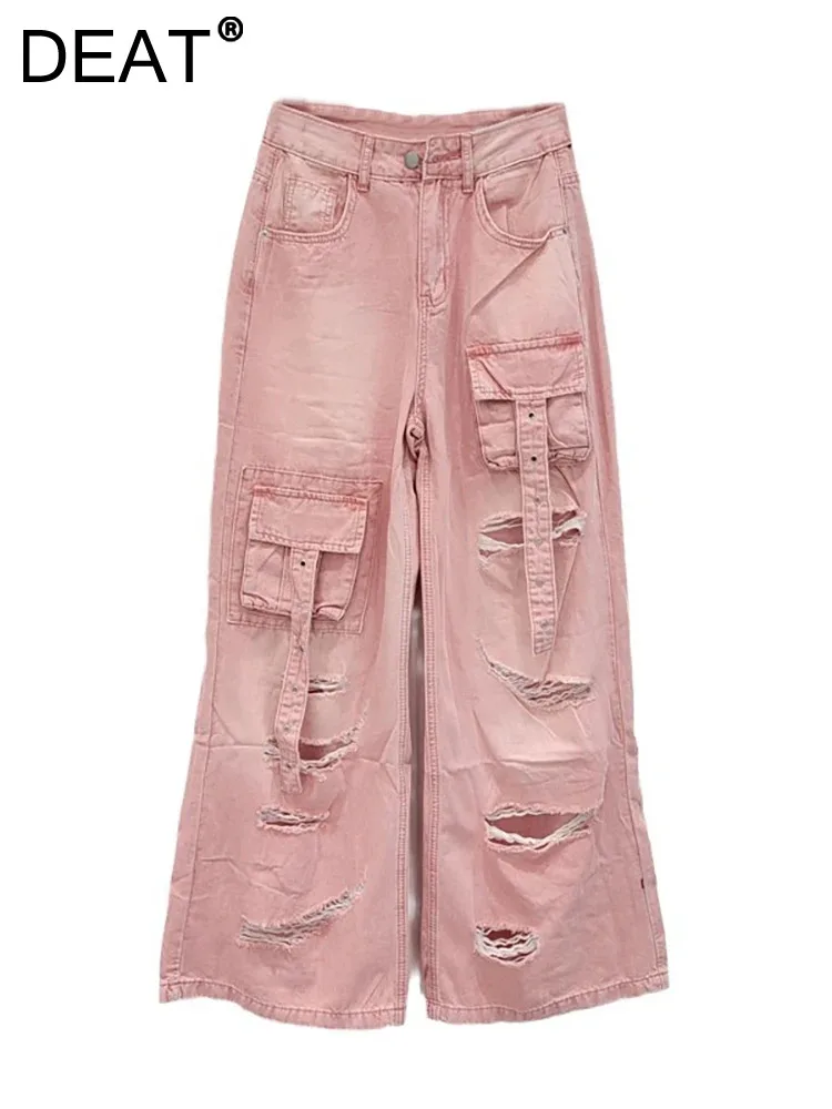 

DEAT Women's Jeans High Waist Straight Pink Asymmetric Pockets Broken Holes Cargo Denim Pants 2024 Summer New Fashion 29L7612