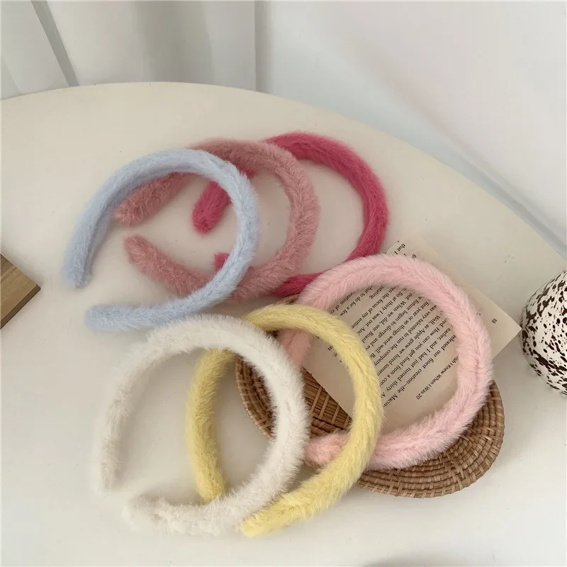 Fashion Thick Fur Headband Hair Bands For Women Girls Candy Color Hair Hoop Headwear Plush Wide Hairbands Hair Accessories