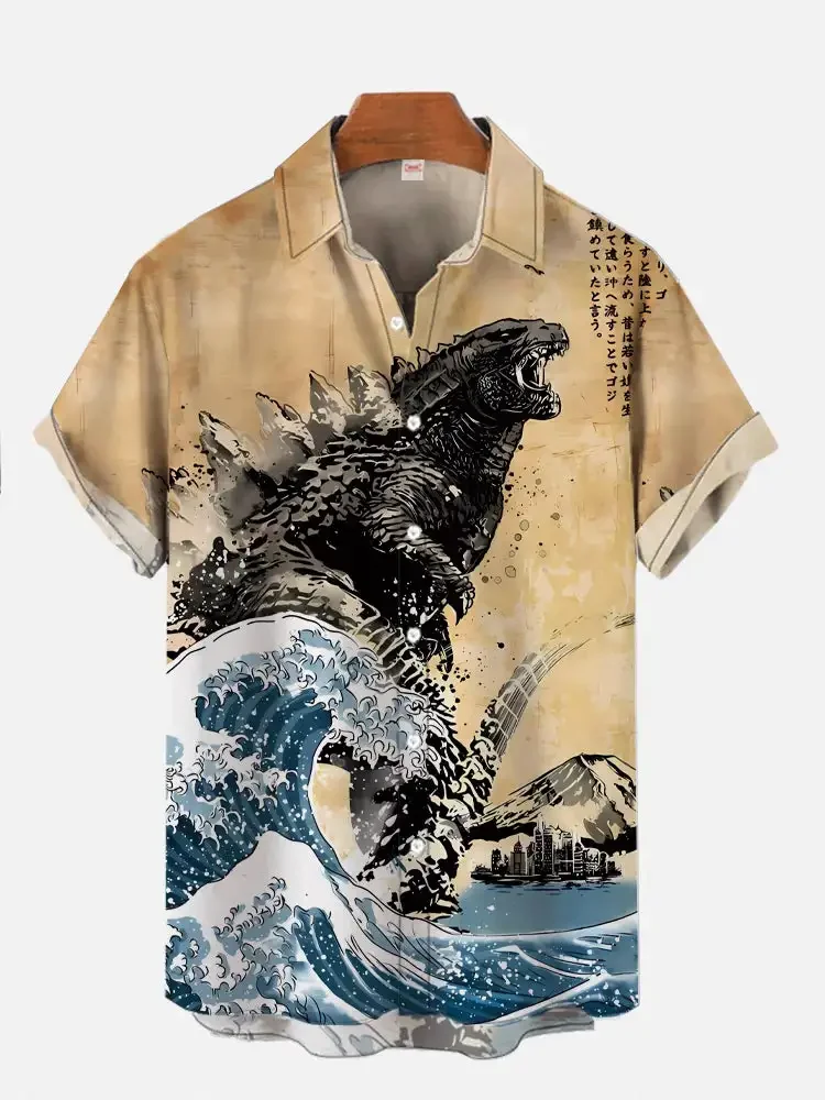 Ancient ink ukiyo-e monster personalized printing short sleeved shirt for men summer lapel shirt street hip-hop