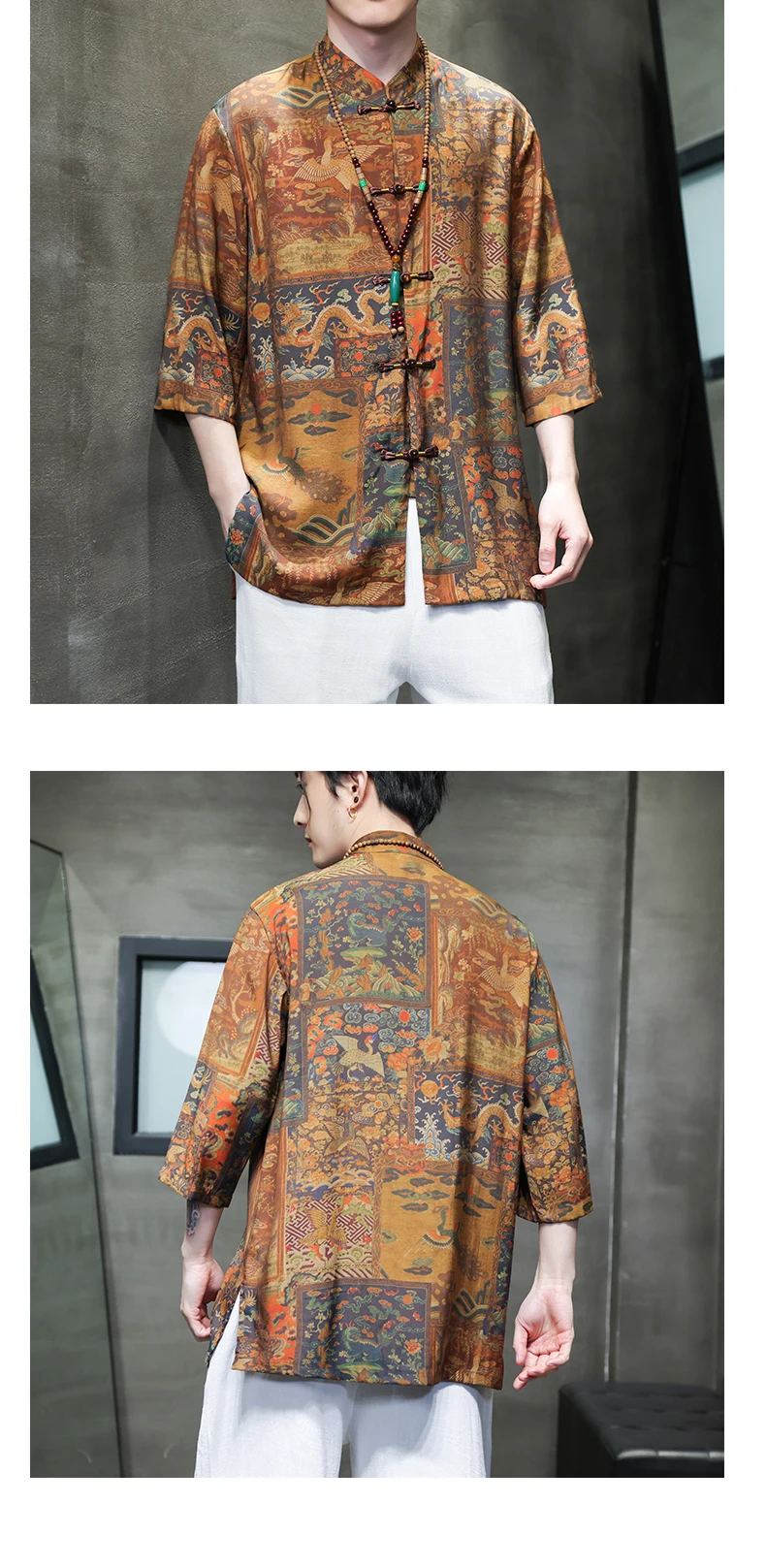 Retro-Tang-Anzug im chinesischen Stil Eis Seiden druck Drachen anzug plus Größe Hanfu Männer orientalische Kleidung schwarz Kurzarm Bluse Hemd – Detail 16