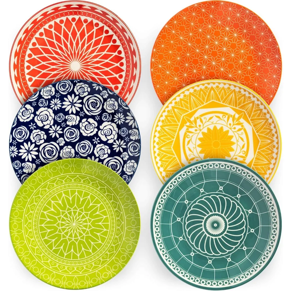 Colorful Dinner Plates Set of 6 Porcelain Dinnerware Serving Dish Resistant To Scratches And Dishwasher Ceramic Tableware Set