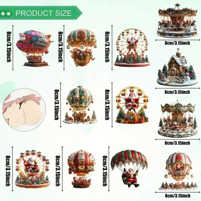 12PCS/Set Christmas Hot Air Balloon Ornaments 2D Flat Wooden Santa Claus Hanging Pendant Christmas New Year Decor Navidad