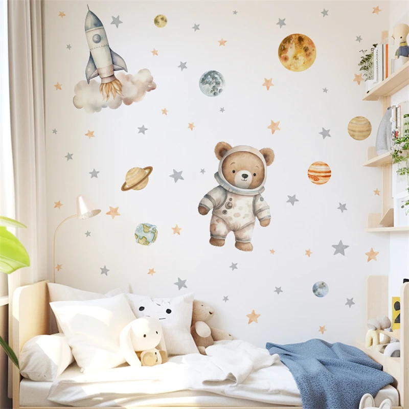 Cartoon Bear Astronaut Space Wall Sticker Baby Room Decoration Rocket Stars Decal Kids Room Wallpaper
