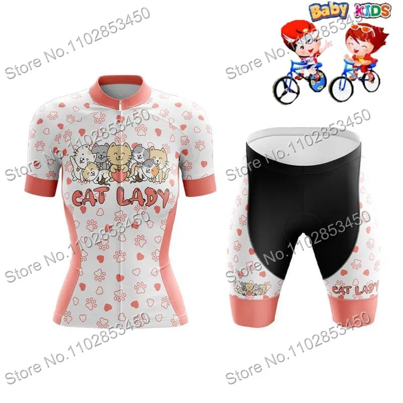 2023 Kids Funny Cartoon Cat Cycling Jersey Set Summer Short Sleeve Girls Clothing Kits Children Road Bike Tops Bicycle Suits MTB 5