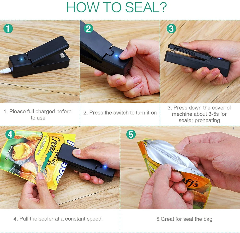 USB Mini Bag Sealer 2-in-1 Portable Heat Sealers Rechargeable Handheld Vacuum Heat Sealers &Cutter for Plastic Bag Storage Food 5
