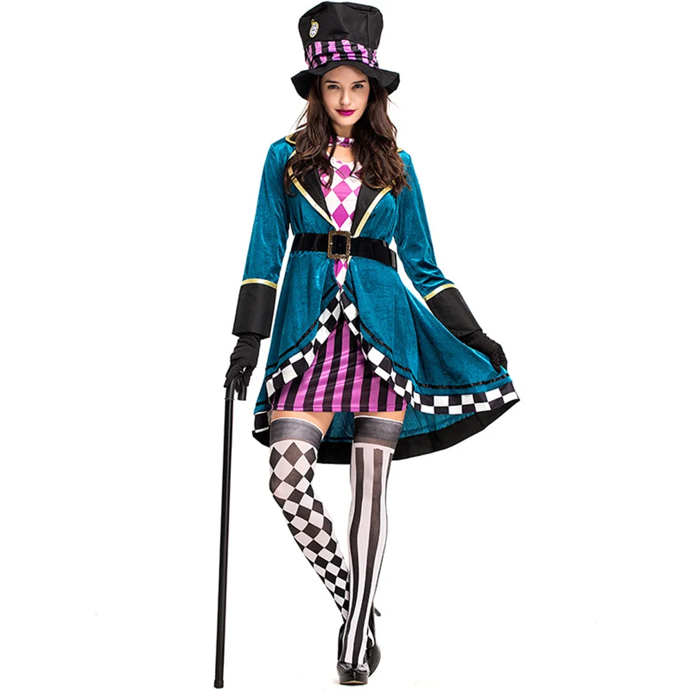 

Alice in Wonderland Clown Mad Hatter Costume for Adults Women Fantasias Sexy Magician Cosplay Halloween Carnival Magic Dress