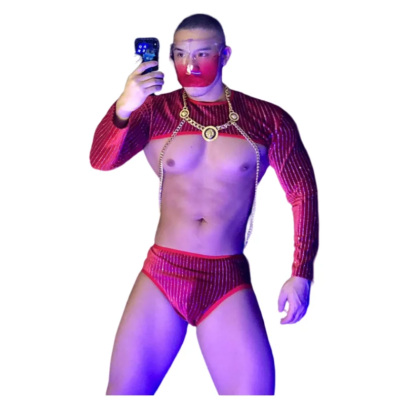

Nightclub Bar Men Women Dance Team Gogo Leading Dancer Costume Festival Rave Party Sexy Stage Wear Red Bikini Performance Outfit