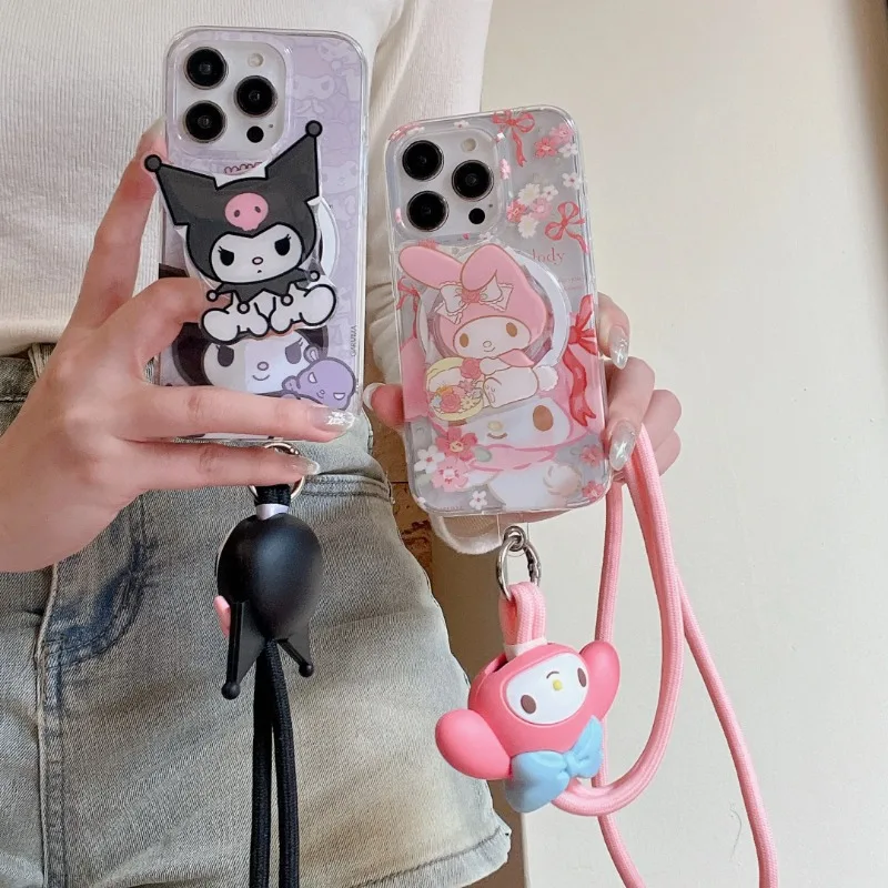 

Cute cartoon Kuromi Melody magnetic bracket wireless charging lanyard mobile phone case for iPhone 15 Pro Max 15 14 13 Pro Max