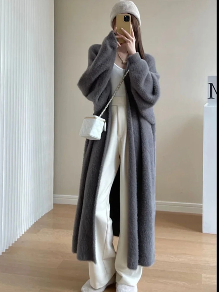 

White Gray Long Cardigan For Women 2023 Autumn Winter Clothes Knitted Fluffy Long Sleeve Mink Cashmere Sweater Coat Korean Style