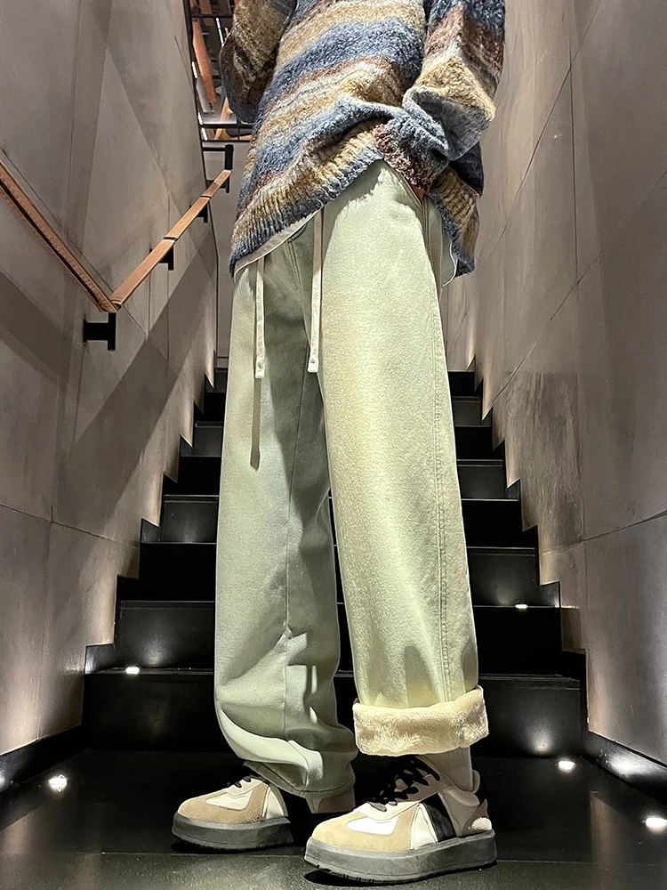 Winter Men's Jeans Korean Fashion Fleece Liner Thick Warm Straight Denim Pants Washed Cotton Retro Blue Wide Leg Jean Trousers 4