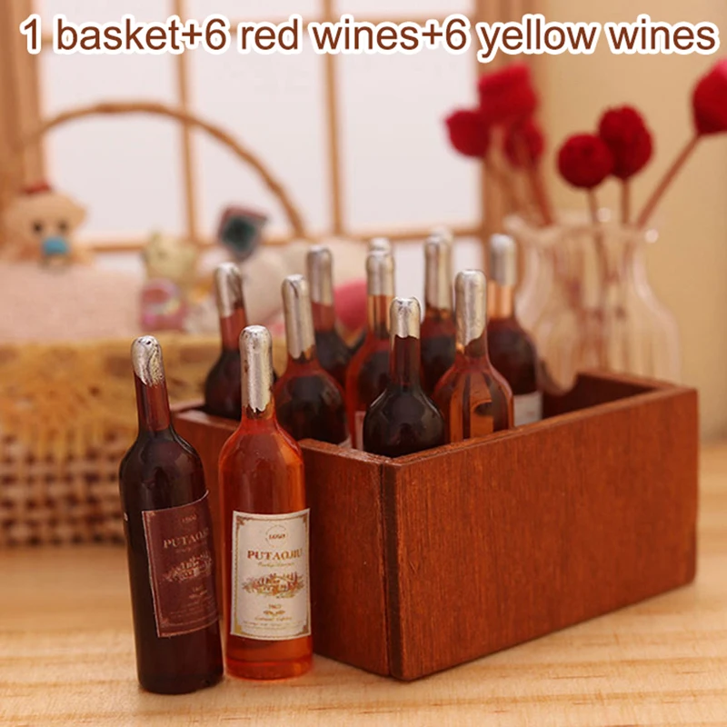 1Set 1:12 Dollhouse Miniature Simulation A Basket Of Red Wine Model DIY Accessories DollHouse Furniture Toys