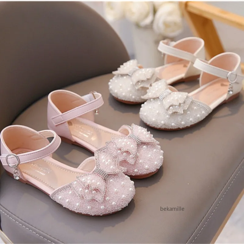 Girls' princess shoes spring and summer sandals white flat dress shoes pearl decoration for kids and teens