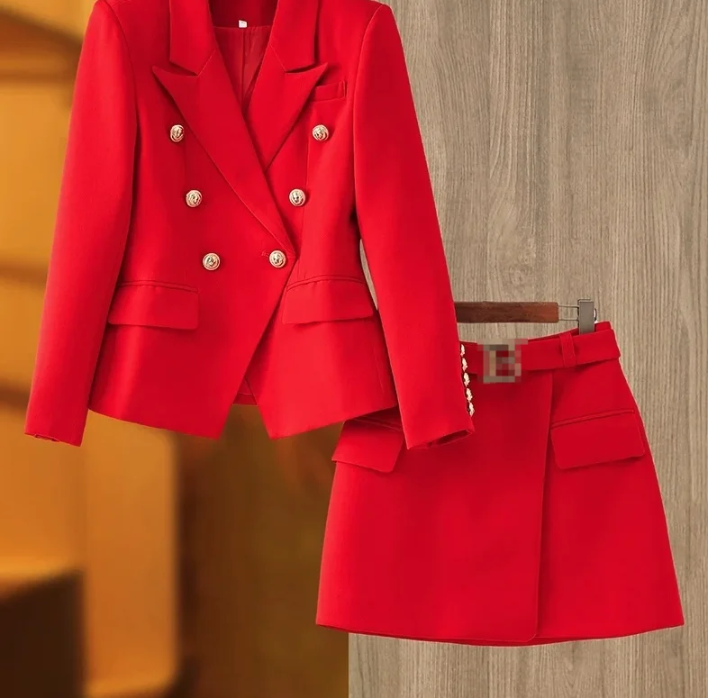 Harley Fashion Gorgeous Design Women 2PCS Blazer Suits Solid Color Summer Blue Skirt Twin Sets Mini Street Clothing for Lady