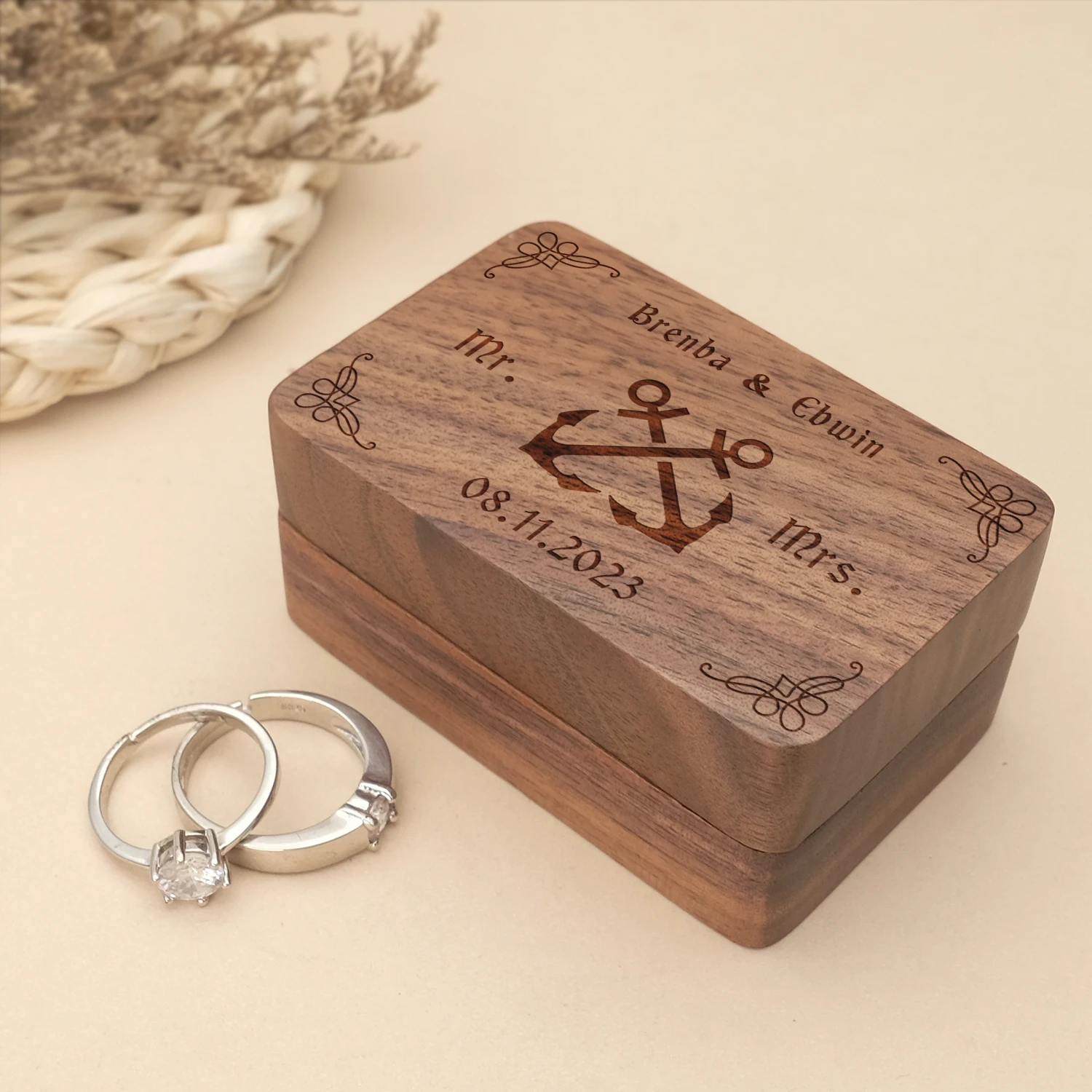 Personalized Wedding Ring Box Custom Engagement Rings Holder Proposal Ring Bearer Jewelry Storage Box Rustic Wedding Decoration