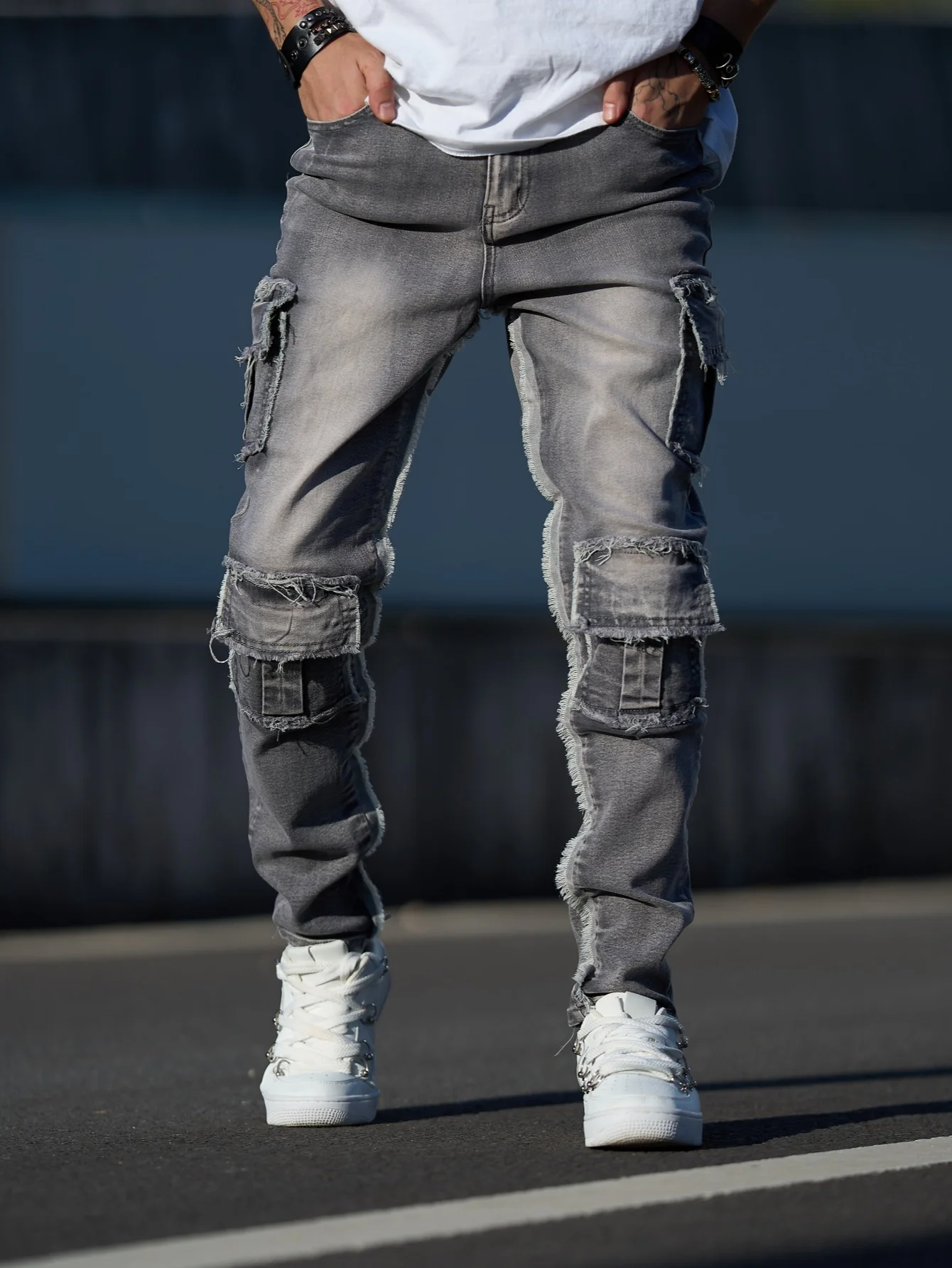 New Men Stylish Slim Multi pocket Cargo Jeans Pants Streetwear Male ...