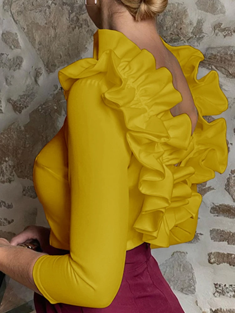 

Back V Ruffle Crop Tops Women Long Sleeve Backless Yellow Black White short Top Shirt 2023 Summer Fall Dating Club Y2k Outfits