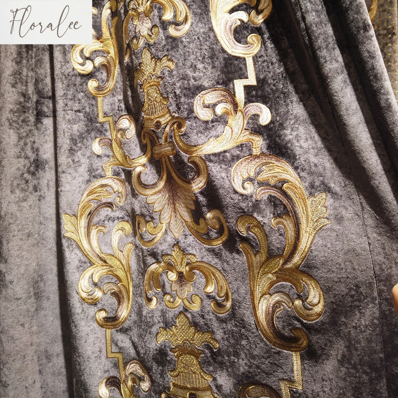 New European Style Luxury Curtains for Villa Living Room Coffee Color Silk Velvet Gold Embroidery High Quality High-end Custom 2