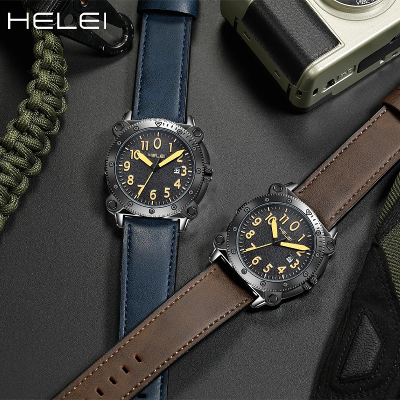 HELEI Men's Watches 2024 Luxury Waterproof Date Quartz Wristwatches Male Clock Pilot Big Case Fashion Original Watches For Men