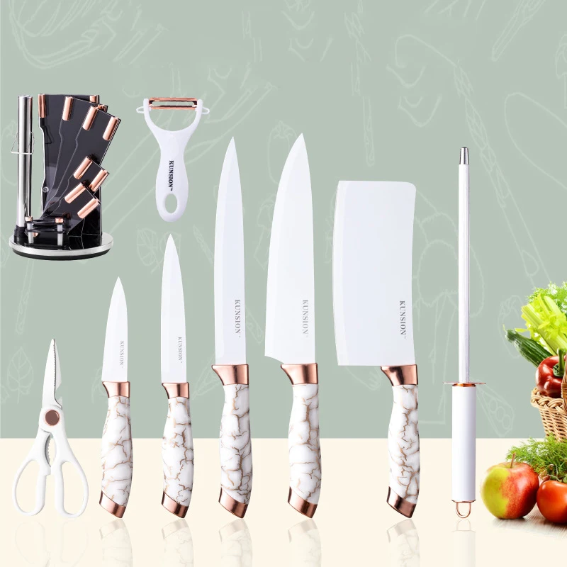 Juego de 9 cuchillos de cocina de acero inoxidable blanco para chef, juego  de cuchillos súper afilados con soporte acrílico, juego de cuchillos de