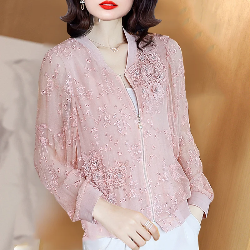 Thin Jacket Women's Pink Thin Outerwear 2022 Summer Flower Embroidery