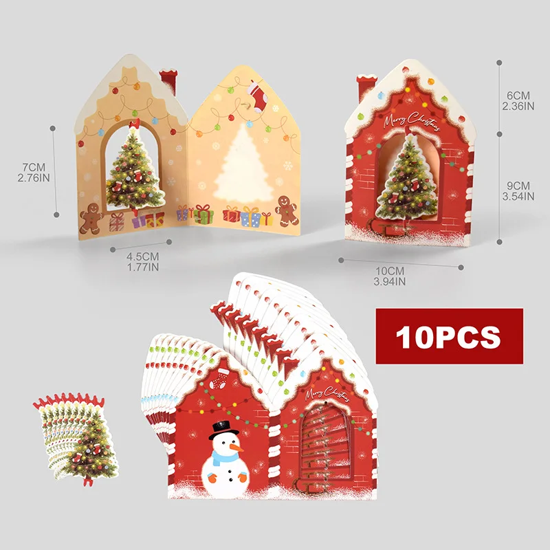 10Pcs 3D Christmas Greeting Card Creative House Shape Postcard Card Merry Christmas Decoration For Home New Year 2026 Gift Cards