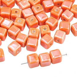 Vibrant Square Ceramic Beads Set - Handmade Porcelain (8mm Orange Red)