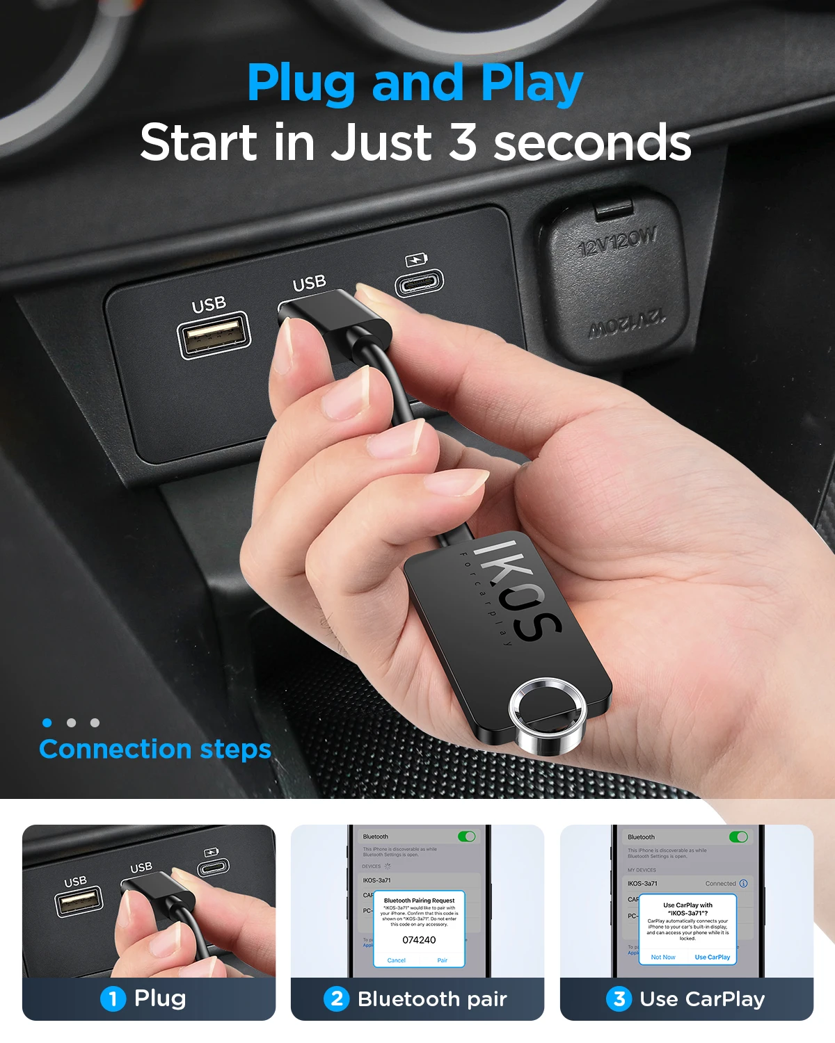 IKOS Wireless CarPlay Adapter Converts Wired to Wireless Carplay Dongle Plug and Play for Cars from and iOS 10+