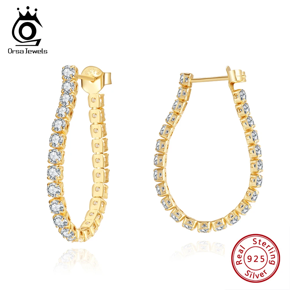 

ORSA JEWELS 925 Sterling Silver Shiny Zircon Hoop Earrings for Women Round Ear Buckle Tennis Earings Jewelry Gift SE395