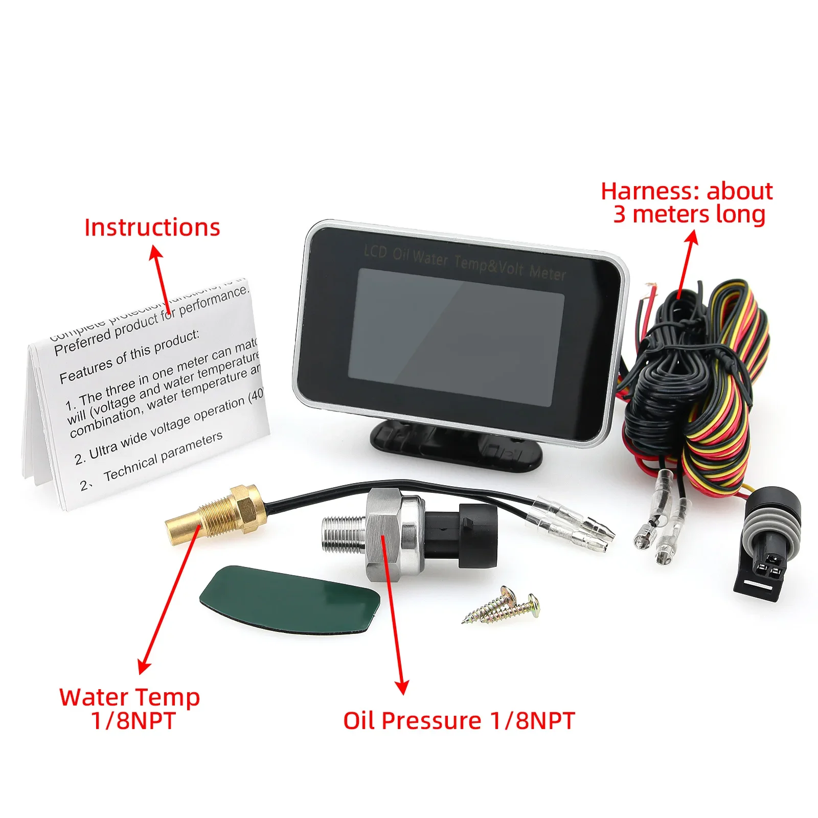 12V/24V Universal 3 in 1 LCD Car Gauge Oil Pressure Gauge Voltage gauge Water Te