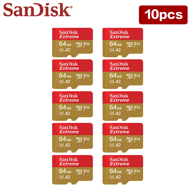 원래 SanDisk 익스트림 마이크로 SD 카드 MicroSDHC 32 기가 바이트 MicroSDXC 64 기가 바이트 128 기가 바이트 메모리 카드 도매 10 개 Microsd 포장 포함