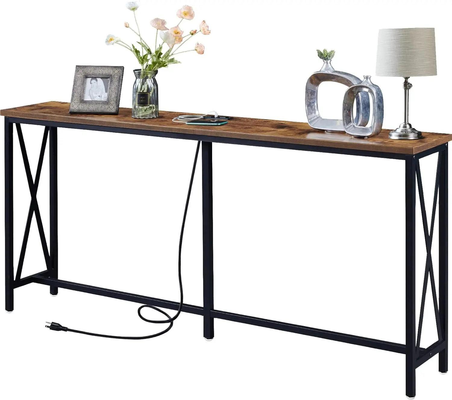 70 Inch Console Table with Outlet Extra Long Entryway Table with Metal Frame and X-Shaped Design Narrow Sofa for Living