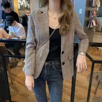 Elegant Plaid Cropped Western-Style Suit Jacket For Women 2022 Spring Autumn New Arrival Petite Student Style Loose Fit