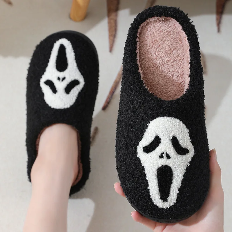 

Halloween Pumpkin Slippers Women Warm Winter Men Cotton Slippers Ghost Face Slipper House Shoes Non Slip Soft Plush Slides Gifts