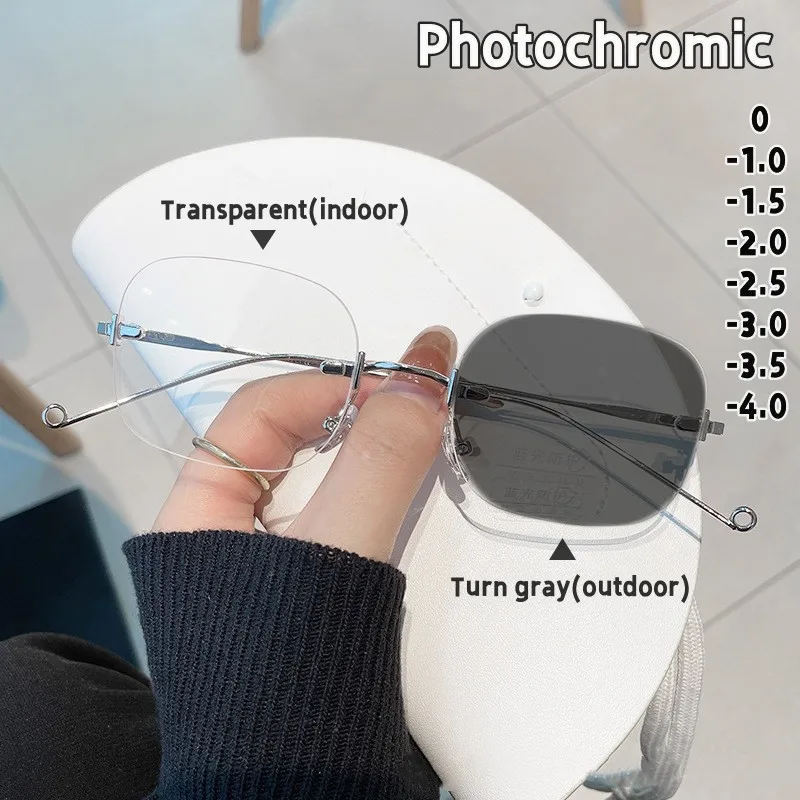 

Intelligent Photochromic Myopia Glasses Fashion Women Men Rimless Minus Diopter Eyeglasses Finished Optical Near Sighted Eyewear