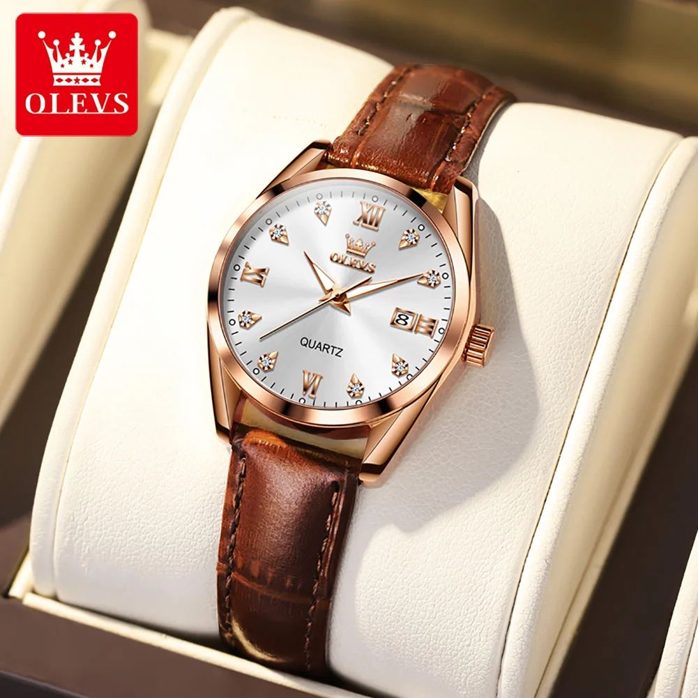 OLEVS Watch for Women Date Calendar Simple Dial Luxury Leather Strap Waterproof Luminous Elegant Women's Wristwatch Reloj Mujer