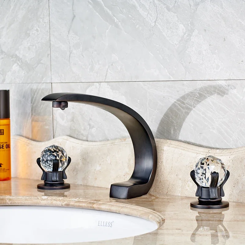 

Vidric 2016 New Dual Crystal Knobs Deck Mount Waterfall Bathroom Sink Faucet Widespread Bath Mixer Tap