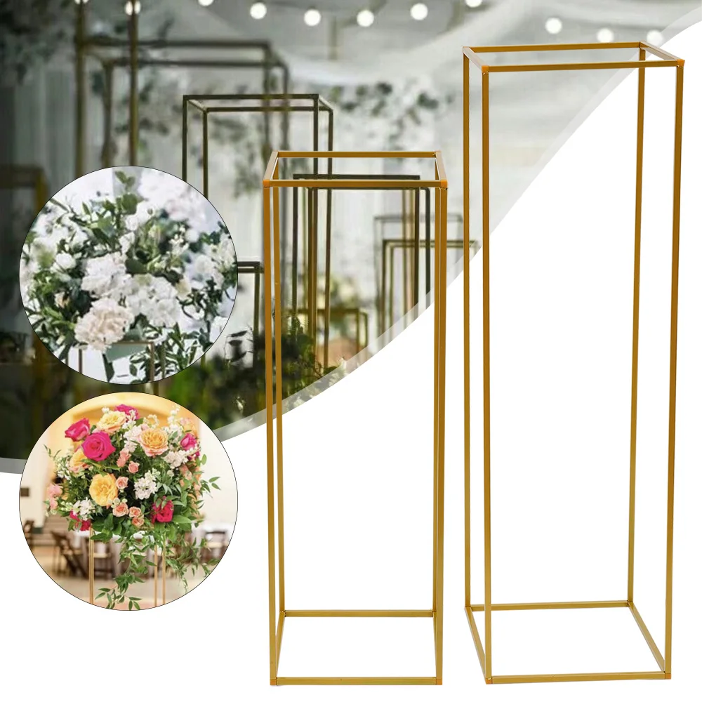 2Pcs Gold Metal Tabletop Flower Rack Road Lead Stand Geometric Column Vase Stand Wedding Party Decor 80cm+100cm