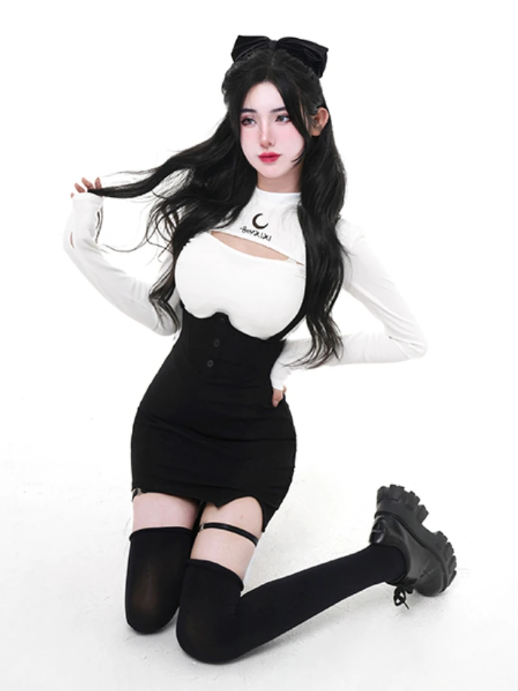 

Black Korean Style Two-piece Set Women Bodycon Elegant Sexy Party Mini Skirt Suit 2023 Y2k White Blouse + Split Suspenders Skirt